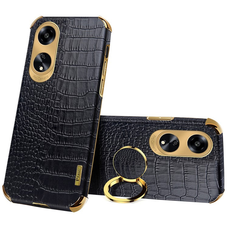 Ring Kickstand Phone Case for Oppo A1 5G Crocodile Texture Leather Coated TPU 6D Electroplating Cover - Black