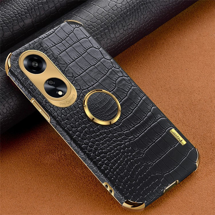 Ring Kickstand Phone Case for Oppo A1 5G Crocodile Texture Leather Coated TPU 6D Electroplating Cover - Black