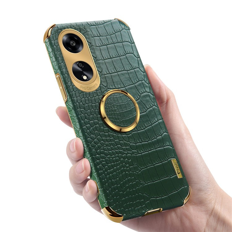 Ring Kickstand Phone Case for Oppo A1 5G Crocodile Texture Leather Coated TPU 6D Electroplating Cover - Green