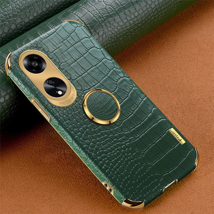 Ring Kickstand Phone Case for Oppo A1 5G Crocodile Texture Leather Coated TPU 6D Electroplating Cover - Green