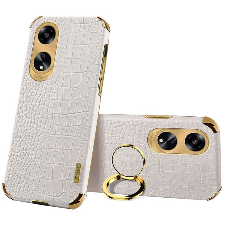 Ring Kickstand Phone Case for Oppo A1 5G Crocodile Texture Leather Coated TPU 6D Electroplating Cover - White