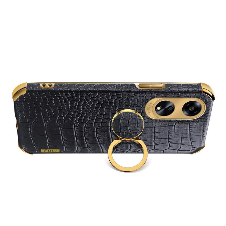 Ring Kickstand Phone Case for Oppo A1 5G Crocodile Texture Leather Coated TPU 6D Electroplating Cover - White