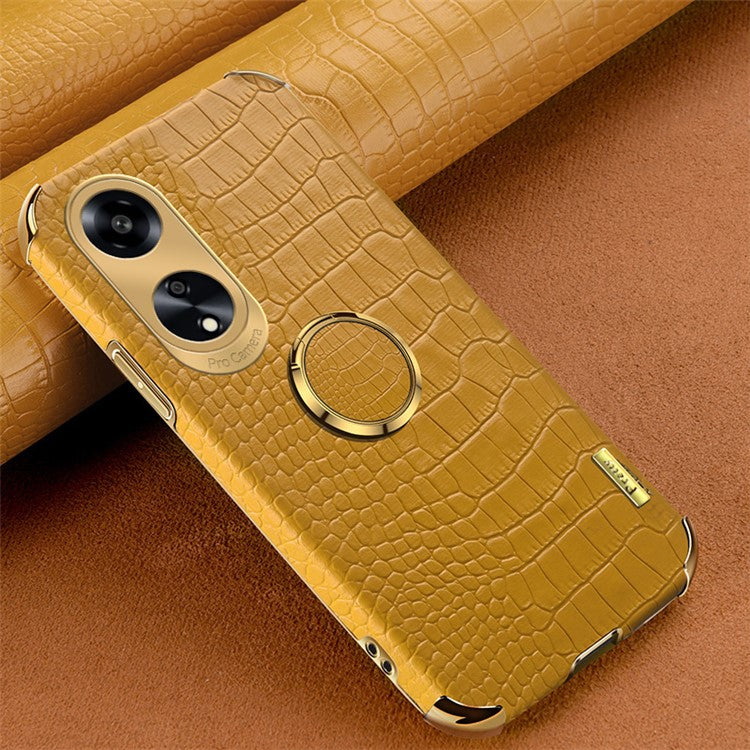 Ring Kickstand Phone Case for Oppo A1 5G Crocodile Texture Leather Coated TPU 6D Electroplating Cover - Yellow