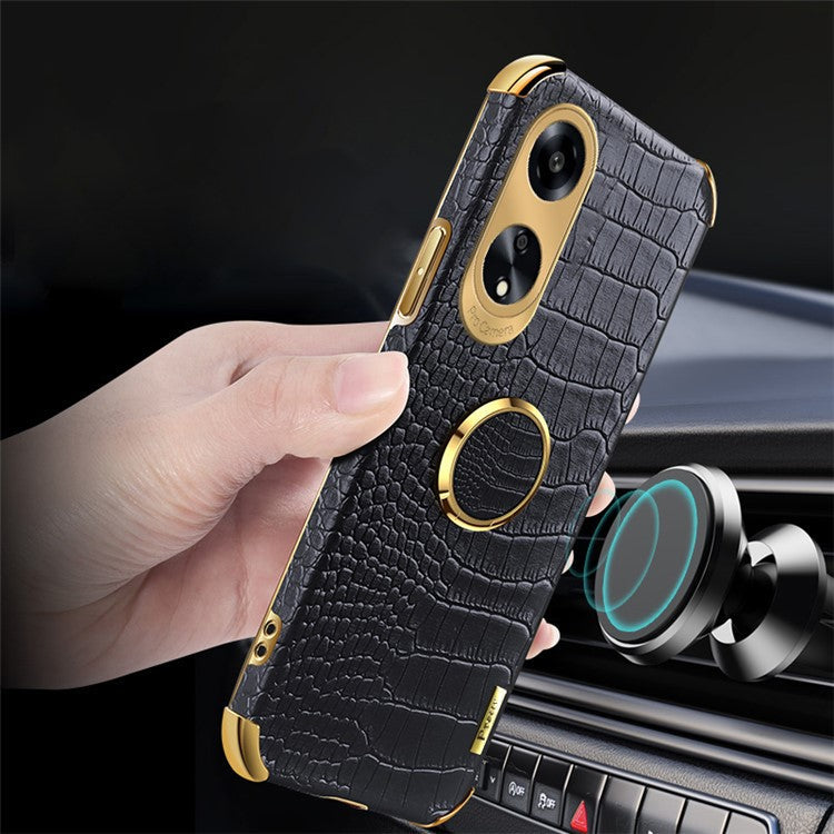 Ring Kickstand Phone Case for Oppo A1 5G Crocodile Texture Leather Coated TPU 6D Electroplating Cover - Yellow