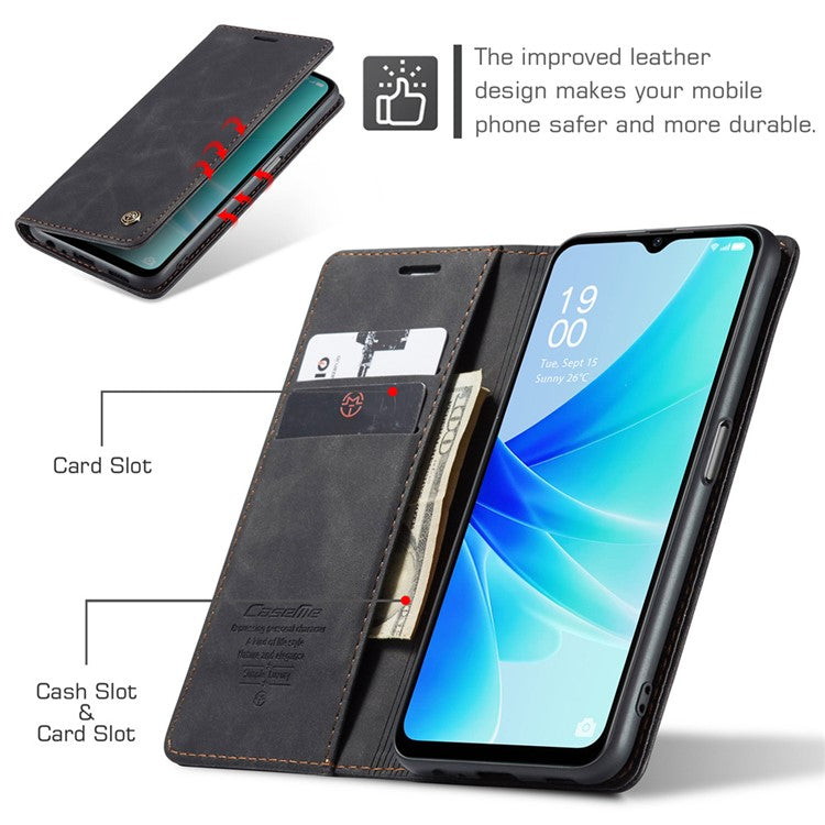 CASEME 013 Series Leather Case for Oppo A57 4G / A57s 4G / A57e 4G / A77 4G / A77s 4G / OnePlus Nord N20 SE 4G Wallet Stand Phone Cover - Black