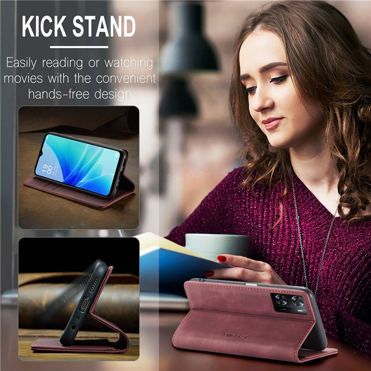 CASEME 013 Series Leather Case for Oppo A57 4G / A57s 4G / A57e 4G / A77 4G / A77s 4G / OnePlus Nord N20 SE 4G Wallet Stand Phone Cover - Red