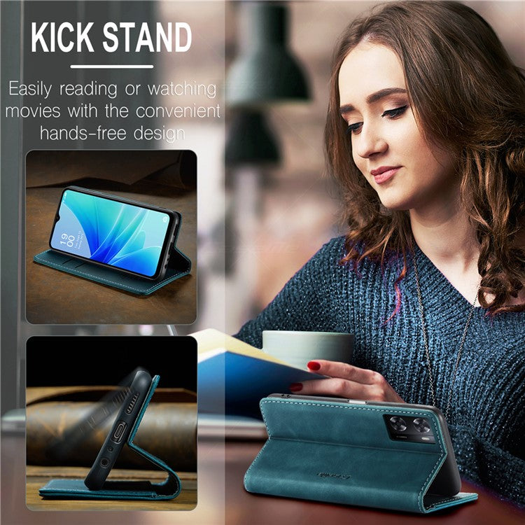 CASEME 013 Series Leather Case for Oppo A57 4G / A57s 4G / A57e 4G / A77 4G / A77s 4G / OnePlus Nord N20 SE 4G Wallet Stand Phone Cover - Blue