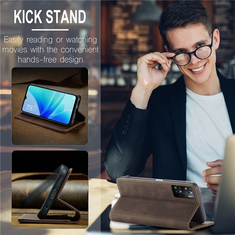 CASEME 013 Series Leather Case for Oppo A57 4G / A57s 4G / A57e 4G / A77 4G / A77s 4G / OnePlus Nord N20 SE 4G Wallet Stand Phone Cover - Coffee