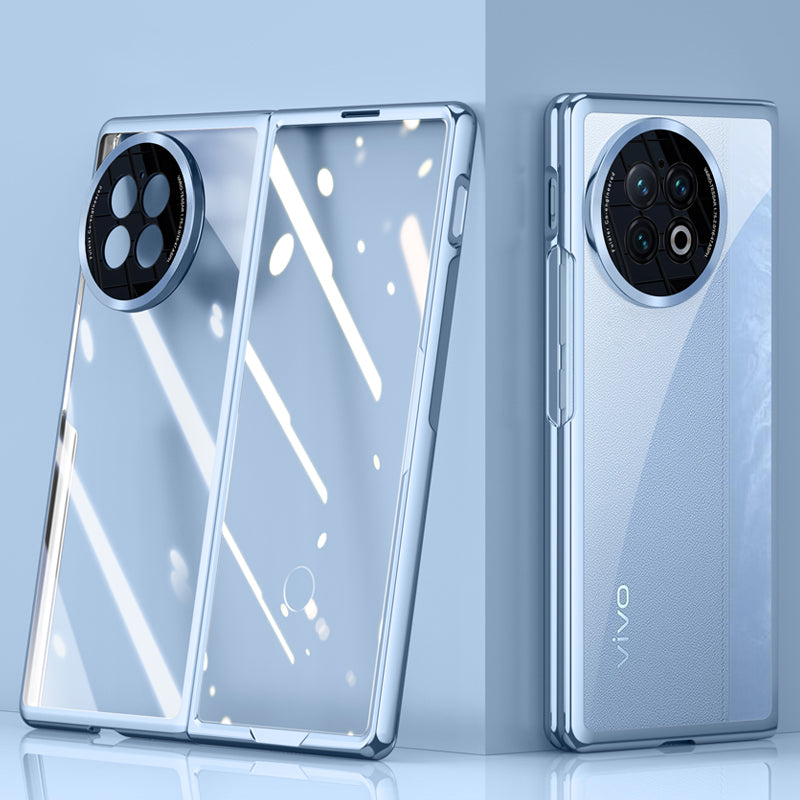 Clear Phone Case for vivo X Fold2 , Electroplating PC Phone Cover with Tempered Glass Film (Support Fingerprint Unlock) - Blue