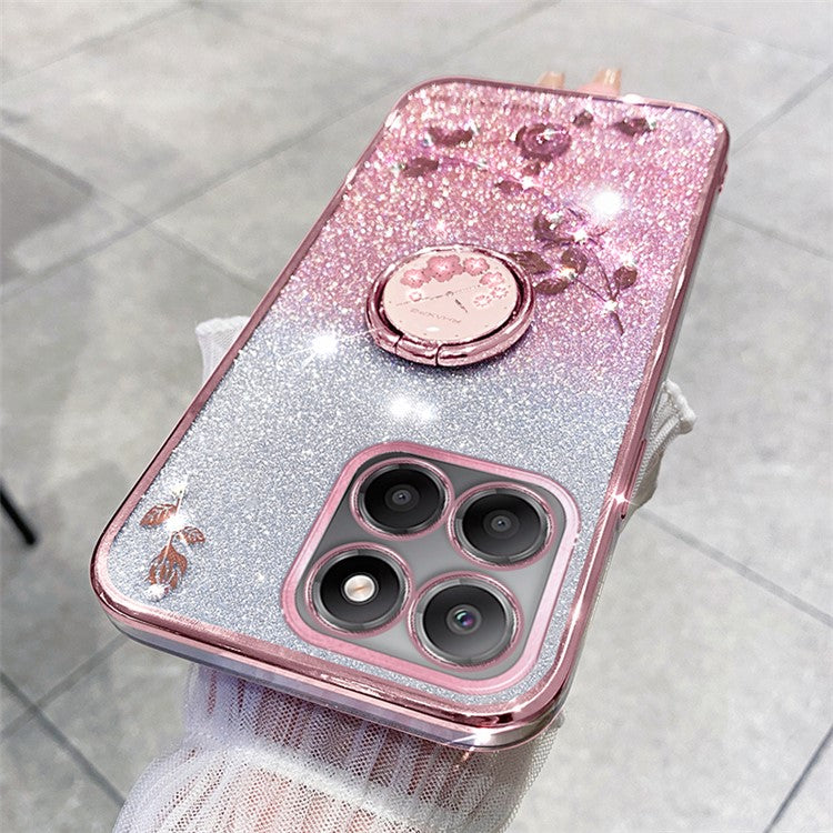 KADEM For Honor X8 5G / X6 4G / 70 Lite 5G Ring Kickstand TPU Case Gradient Glitter Flower Pattern Phone Cover - Rose Gold