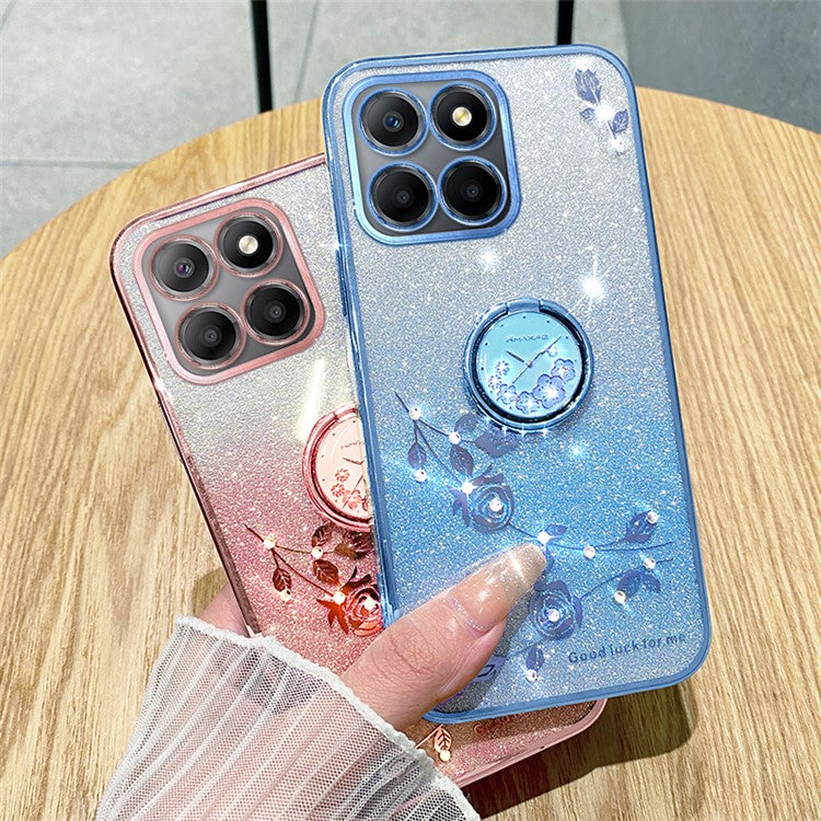 KADEM For Honor X8 5G / X6 4G / 70 Lite 5G Ring Kickstand TPU Case Gradient Glitter Flower Pattern Phone Cover - Purple