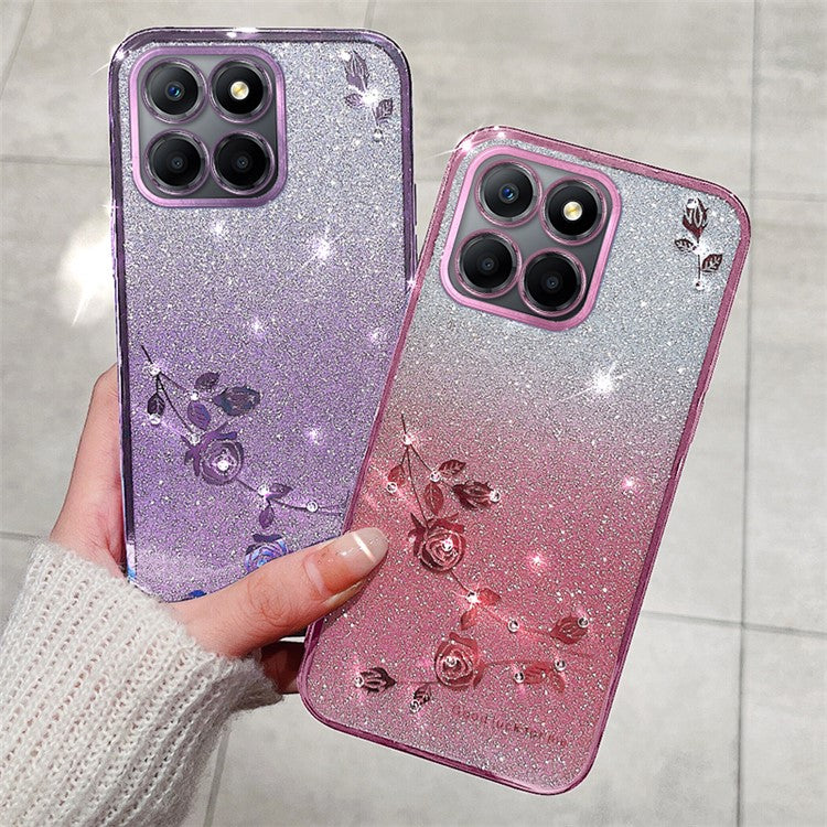 KADEM For Honor X8 5G / X6 4G / 70 Lite 5G Rhinestone Flower Phone Case Glitter Gradient TPU Cover - Rose Gold