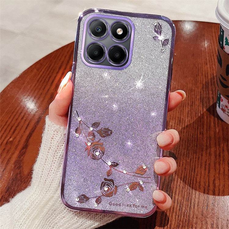 KADEM For Honor X8 5G / X6 4G / 70 Lite 5G Rhinestone Flower Phone Case Glitter Gradient TPU Cover - Purple