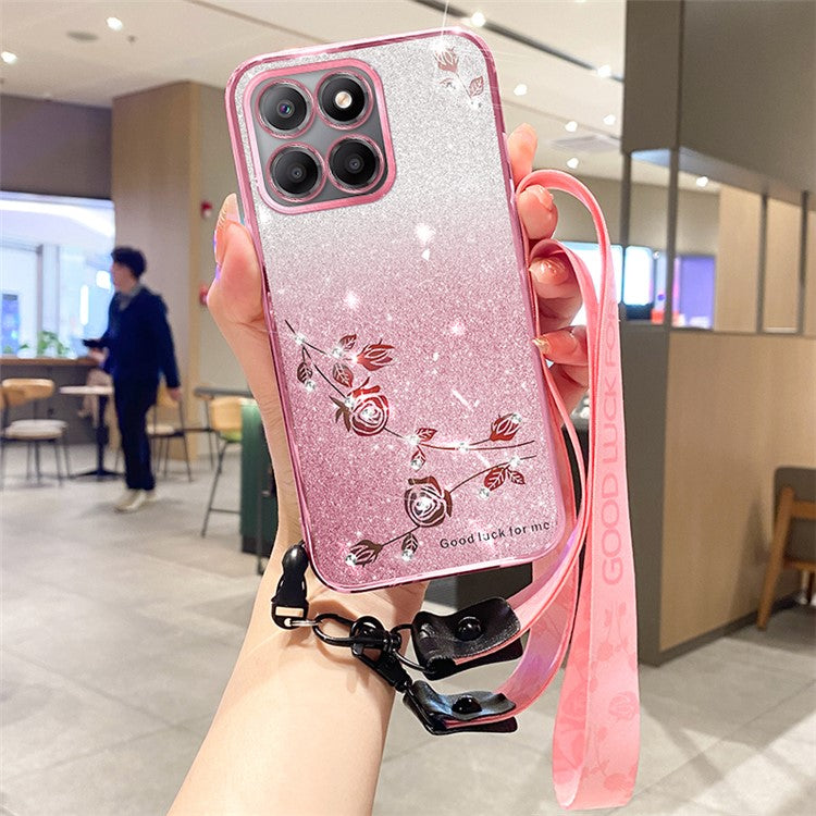 KADEM For Honor X8 5G / X6 4G / 70 Lite 5G Anti-Fingerprint TPU Phone Case Glitter Flower Pattern Gradient Cover with Strap - Rose Gold