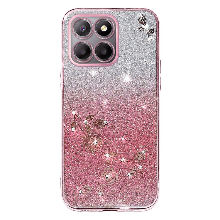KADEM For Honor X8 5G / X6 4G / 70 Lite 5G Anti-Fingerprint TPU Phone Case Glitter Flower Pattern Gradient Cover with Strap - Rose Gold