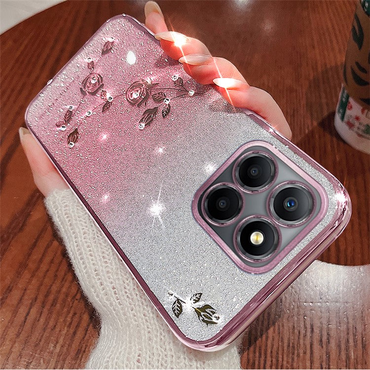 KADEM For Honor X8 5G / X6 4G / 70 Lite 5G Anti-Fingerprint TPU Phone Case Glitter Flower Pattern Gradient Cover with Strap - Rose Gold