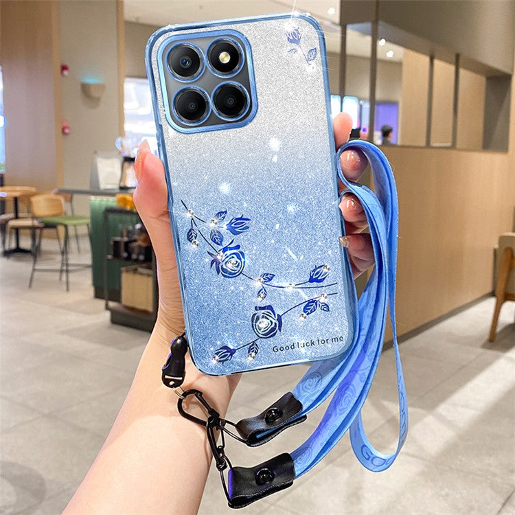 KADEM For Honor X8 5G / X6 4G / 70 Lite 5G Anti-Fingerprint TPU Phone Case Glitter Flower Pattern Gradient Cover with Strap - Blue