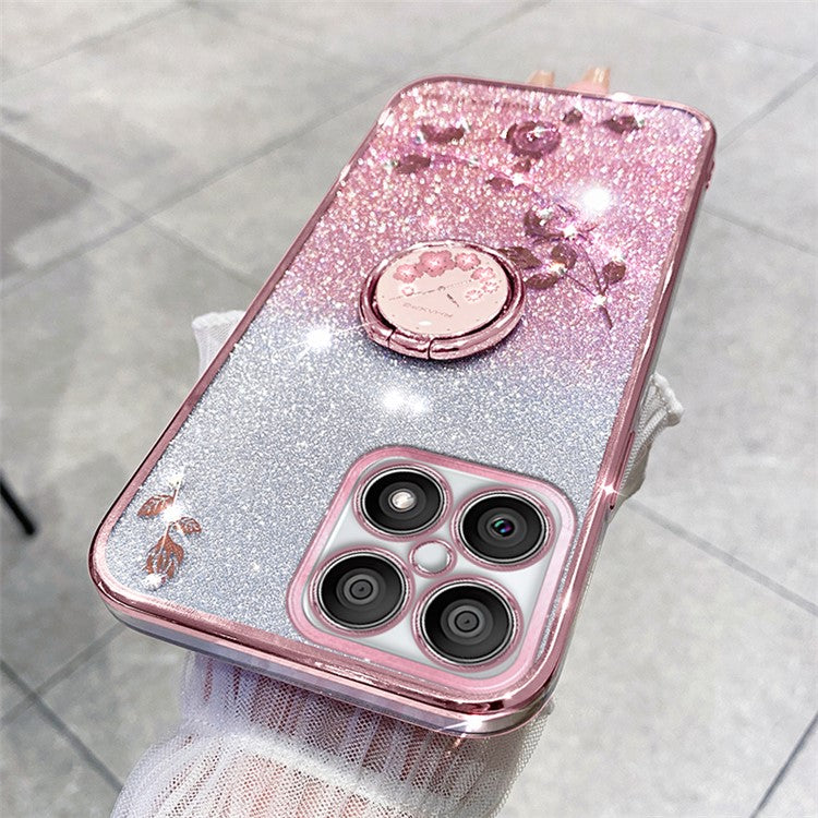 KADEM For Honor X8 4G / X30i Glitter Gradient TPU Phone Case Ring Kickstand Rhinestone Flower Anti-drop Cover - Rose Gold
