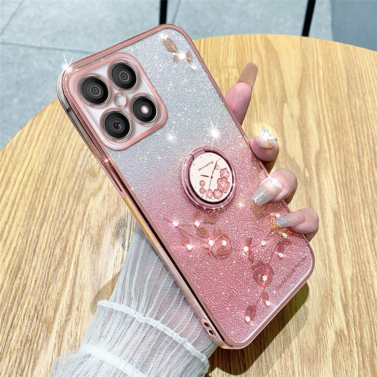 KADEM For Honor X8 4G / X30i Glitter Gradient TPU Phone Case Ring Kickstand Rhinestone Flower Anti-drop Cover - Rose Gold