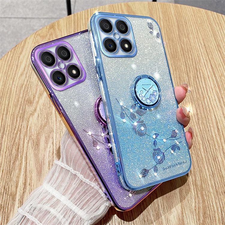 KADEM For Honor X8 4G / X30i Glitter Gradient TPU Phone Case Ring Kickstand Rhinestone Flower Anti-drop Cover - Rose Gold