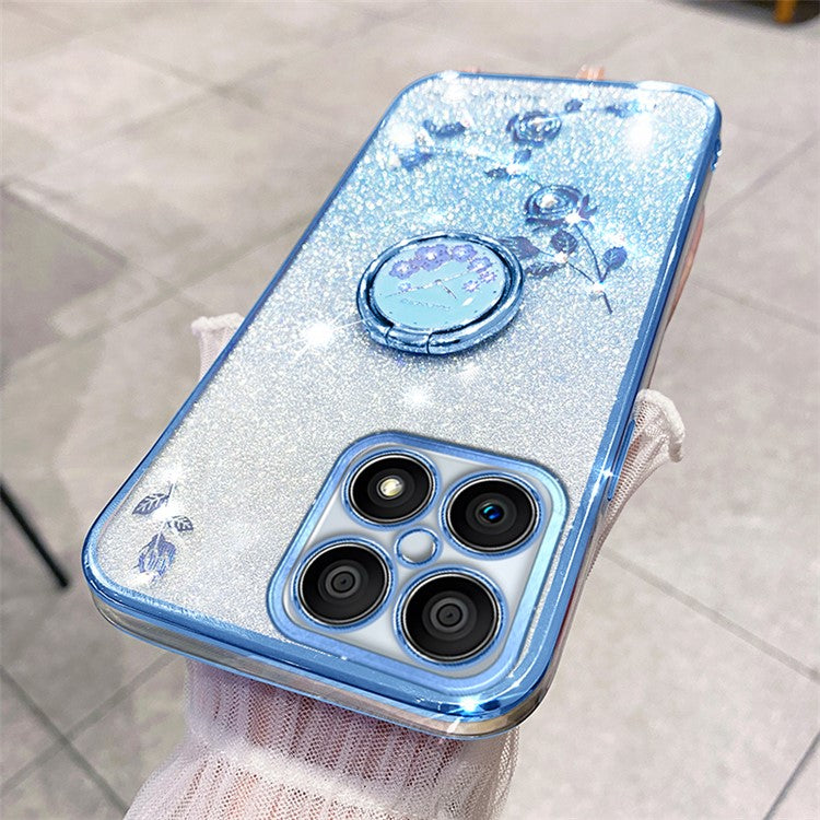 KADEM For Honor X8 4G / X30i Glitter Gradient TPU Phone Case Ring Kickstand Rhinestone Flower Anti-drop Cover - Blue