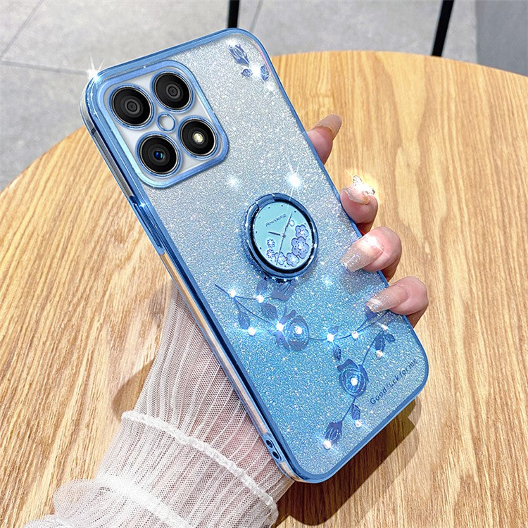 KADEM For Honor X8 4G / X30i Glitter Gradient TPU Phone Case Ring Kickstand Rhinestone Flower Anti-drop Cover - Blue