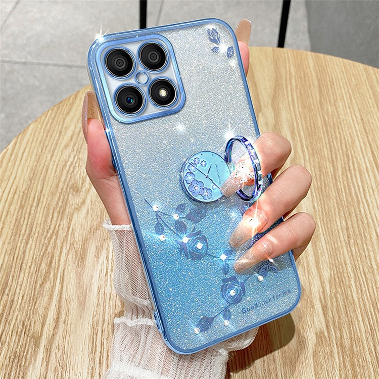 KADEM For Honor X8 4G / X30i Glitter Gradient TPU Phone Case Ring Kickstand Rhinestone Flower Anti-drop Cover - Blue