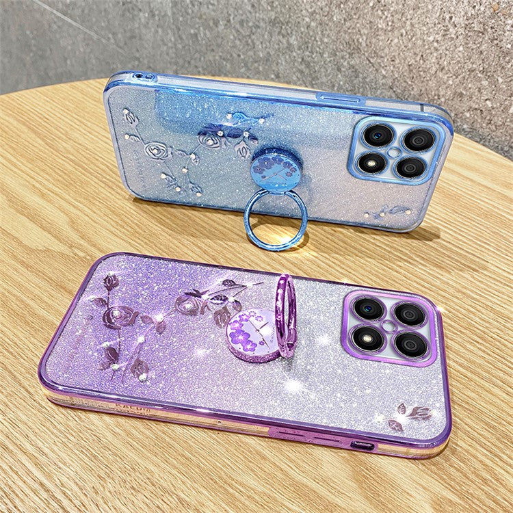 KADEM For Honor X8 4G / X30i Glitter Gradient TPU Phone Case Ring Kickstand Rhinestone Flower Anti-drop Cover - Blue