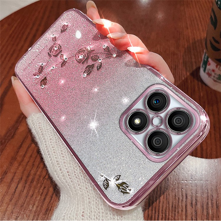 KADEM For Honor X8 4G / X30i Shockproof Glitter Phone Case Gradient Flower Pattern TPU Cover with Strap - Rose Gold