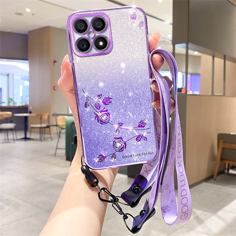 KADEM For Honor X8 4G / X30i Shockproof Glitter Phone Case Gradient Flower Pattern TPU Cover with Strap - Purple