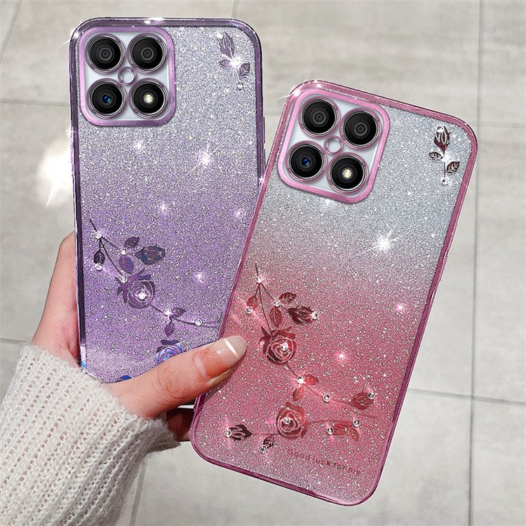 KADEM For Honor X30i / Honor X8 4G Rhinestone Flower Back Case Gradient Glitter TPU Phone Cover - Purple