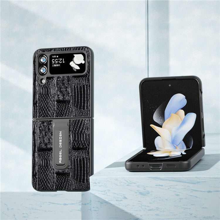 ABEEL For Samsung Galaxy Z Flip4 5G Mahjong Texture Anti-slip Case Genuine Cow Leather+PC Kickstand Phone Cover - Black