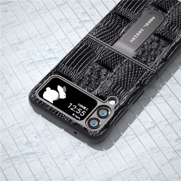ABEEL For Samsung Galaxy Z Flip4 5G Mahjong Texture Anti-slip Case Genuine Cow Leather+PC Kickstand Phone Cover - Black