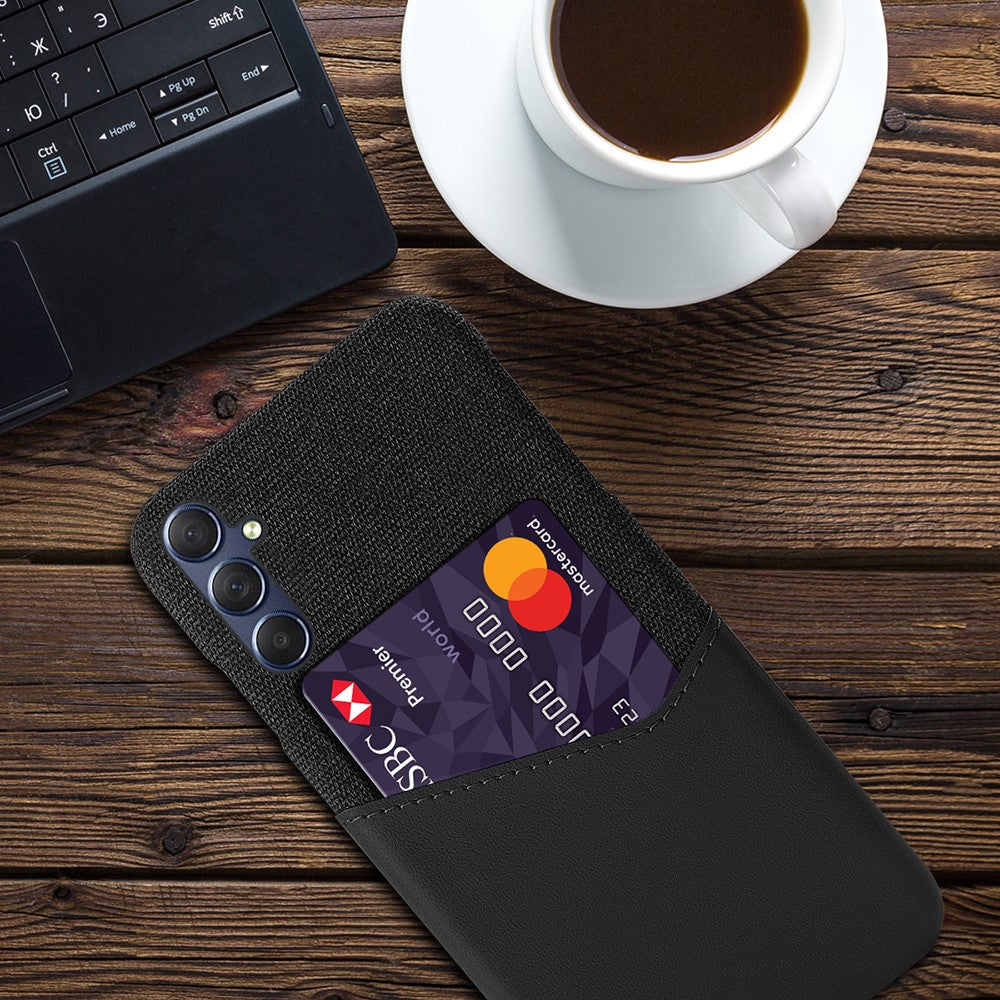 For Samsung Galaxy M54 5G / F54 5G Card Holder Leather Coated PC Case Cloth Texture Anti-scratch Phone Cover - Black