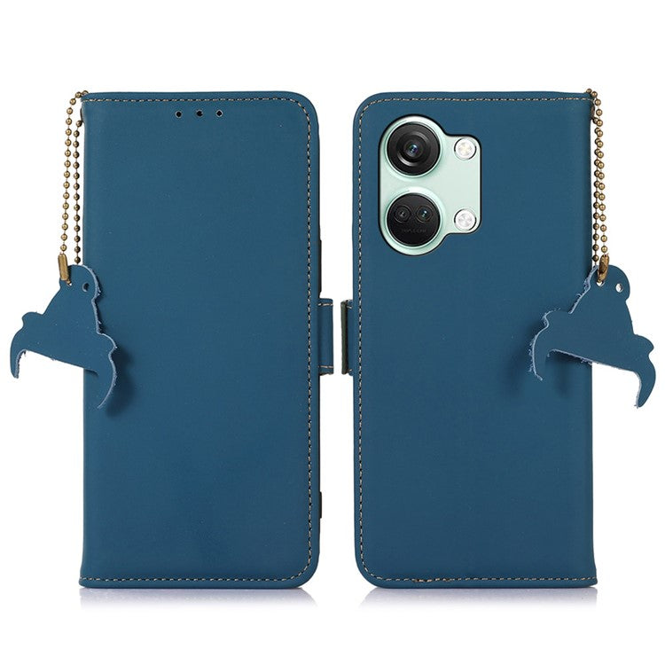 For OnePlus Nord 3 5G / Ace 2V Wallet Phone Case Genuine Cow Leather RFID Blocking Stand Cover - Blue