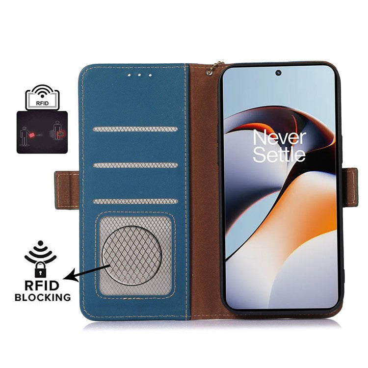 For OnePlus Nord 3 5G / Ace 2V Wallet Phone Case Genuine Cow Leather RFID Blocking Stand Cover - Blue
