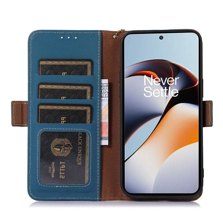 For OnePlus Nord 3 5G / Ace 2V Wallet Phone Case Genuine Cow Leather RFID Blocking Stand Cover - Blue