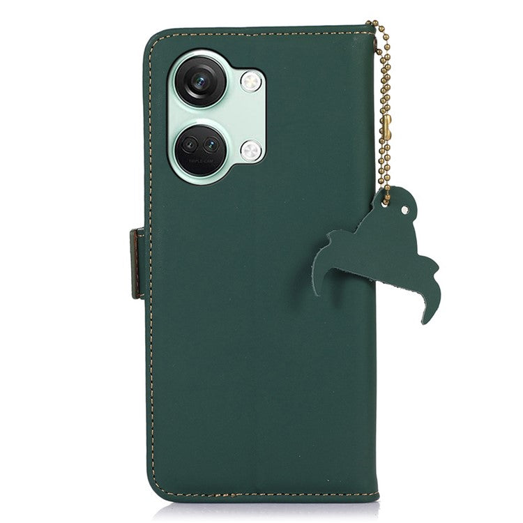 For OnePlus Nord 3 5G / Ace 2V Wallet Phone Case Genuine Cow Leather RFID Blocking Stand Cover - Green