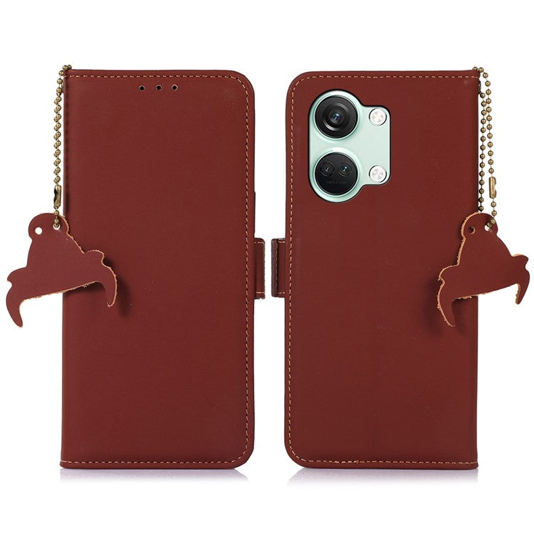 For OnePlus Nord 3 5G / Ace 2V Wallet Phone Case Genuine Cow Leather RFID Blocking Stand Cover - Coffee