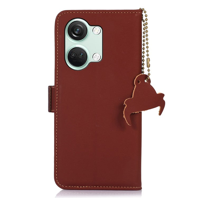 For OnePlus Nord 3 5G / Ace 2V Wallet Phone Case Genuine Cow Leather RFID Blocking Stand Cover - Coffee