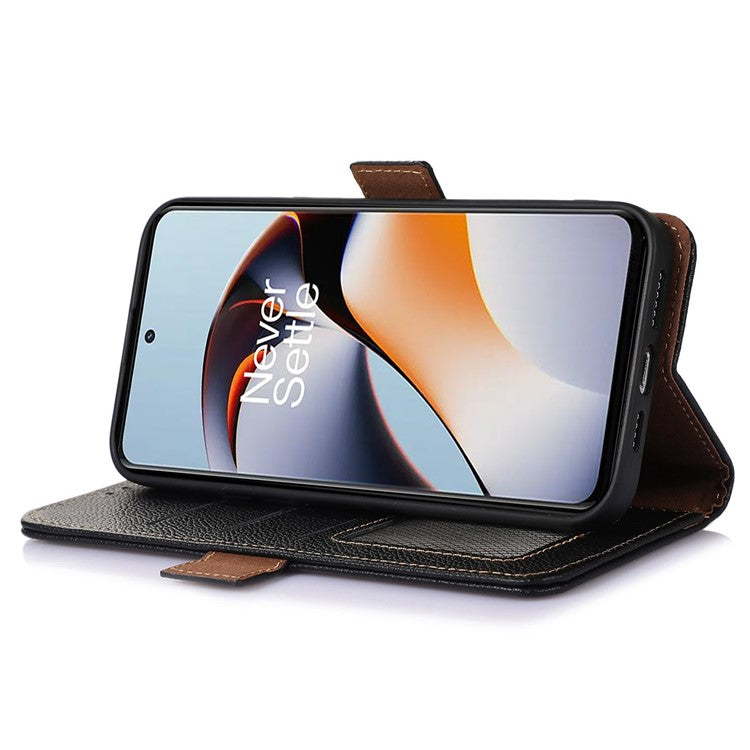 RFID Blocking Phone Case for OnePlus Nord 3 5G / Ace 2V , Genuine Cow Leather Stand Wallet Cover - Black