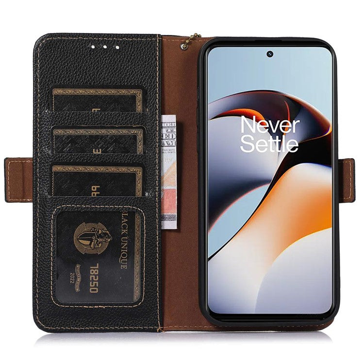 RFID Blocking Phone Case for OnePlus Nord 3 5G / Ace 2V , Genuine Cow Leather Stand Wallet Cover - Black