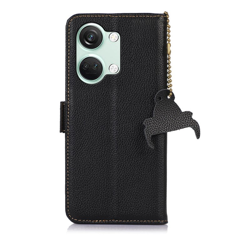 RFID Blocking Phone Case for OnePlus Nord 3 5G / Ace 2V , Genuine Cow Leather Stand Wallet Cover - Black