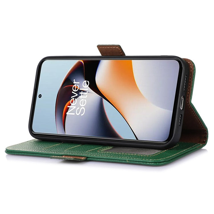 RFID Blocking Phone Case for OnePlus Nord 3 5G / Ace 2V , Genuine Cow Leather Stand Wallet Cover - Green