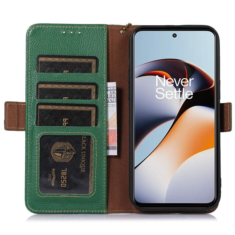 RFID Blocking Phone Case for OnePlus Nord 3 5G / Ace 2V , Genuine Cow Leather Stand Wallet Cover - Green