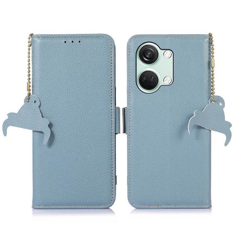 RFID Blocking Phone Case for OnePlus Nord 3 5G / Ace 2V , Genuine Cow Leather Stand Wallet Cover - Blue
