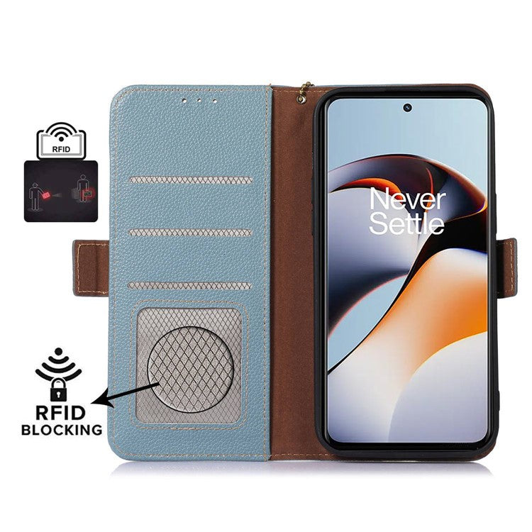 RFID Blocking Phone Case for OnePlus Nord 3 5G / Ace 2V , Genuine Cow Leather Stand Wallet Cover - Blue