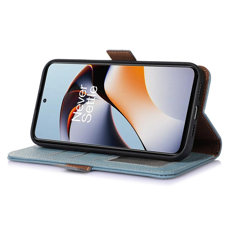 RFID Blocking Phone Case for OnePlus Nord 3 5G / Ace 2V , Genuine Cow Leather Stand Wallet Cover - Blue