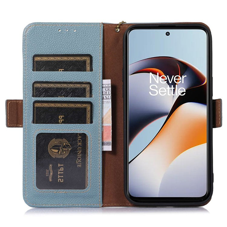 RFID Blocking Phone Case for OnePlus Nord 3 5G / Ace 2V , Genuine Cow Leather Stand Wallet Cover - Blue