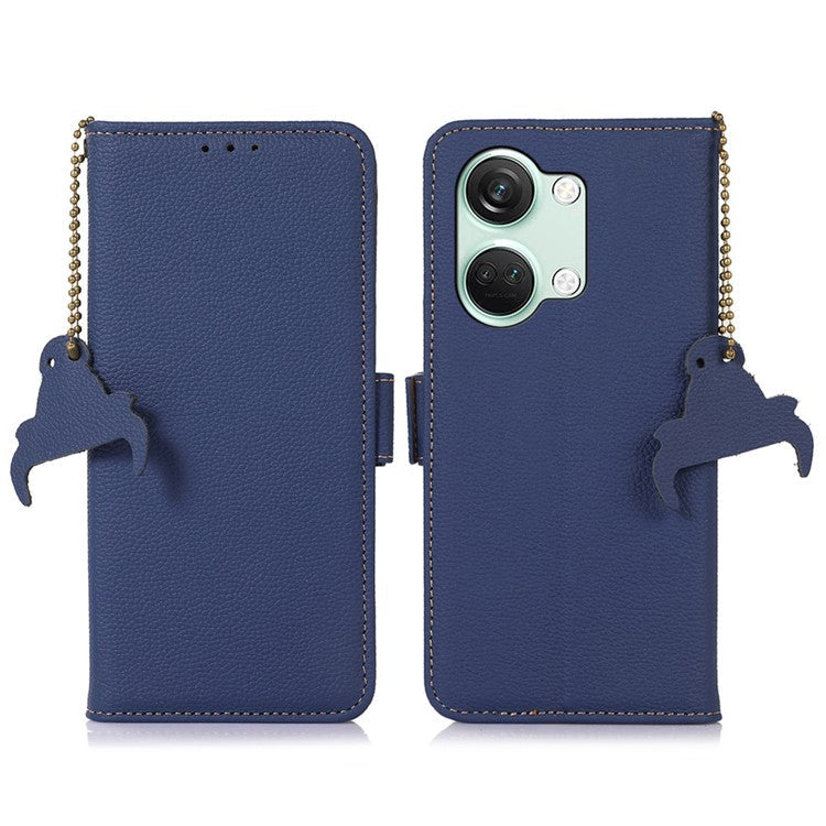 RFID Blocking Phone Case for OnePlus Nord 3 5G / Ace 2V , Genuine Cow Leather Stand Wallet Cover - Sapphire